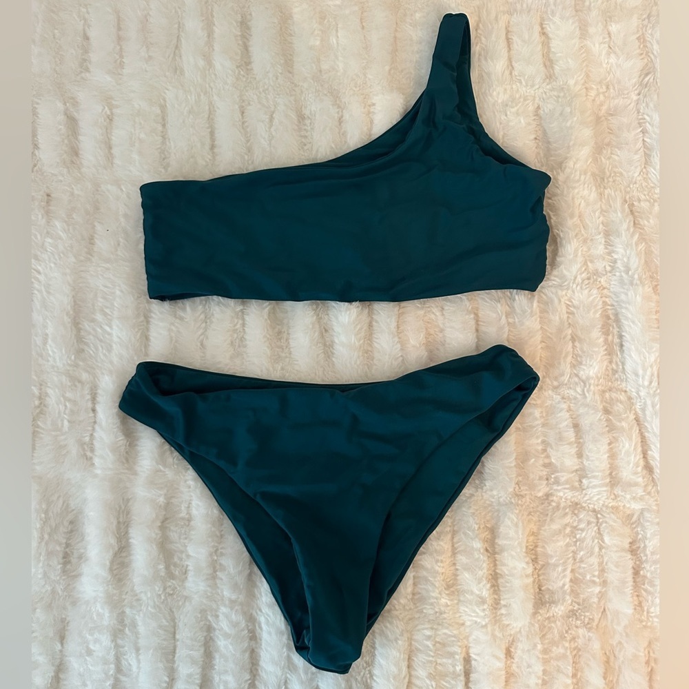 Zaful One-Shoulder Forest Green Bikini Set Size S